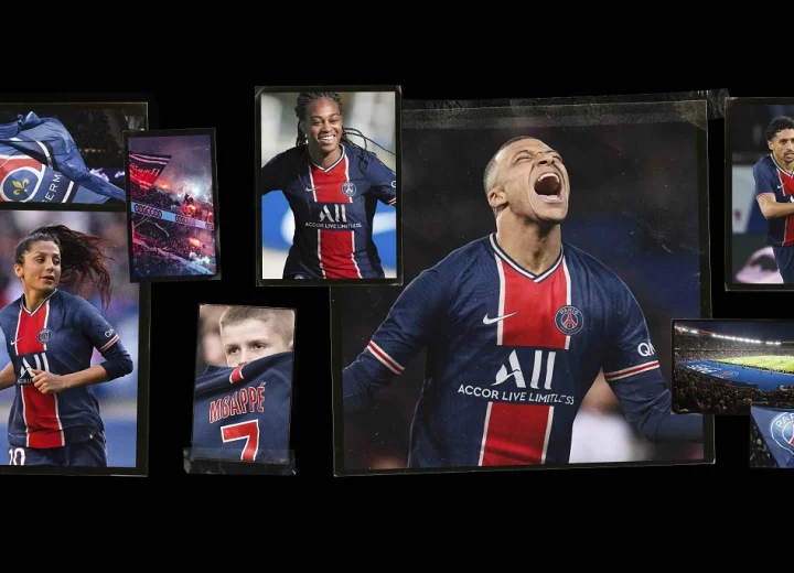 PSG’s 2020–21 anniversary kit campaign featuring the central Hechter stripe.