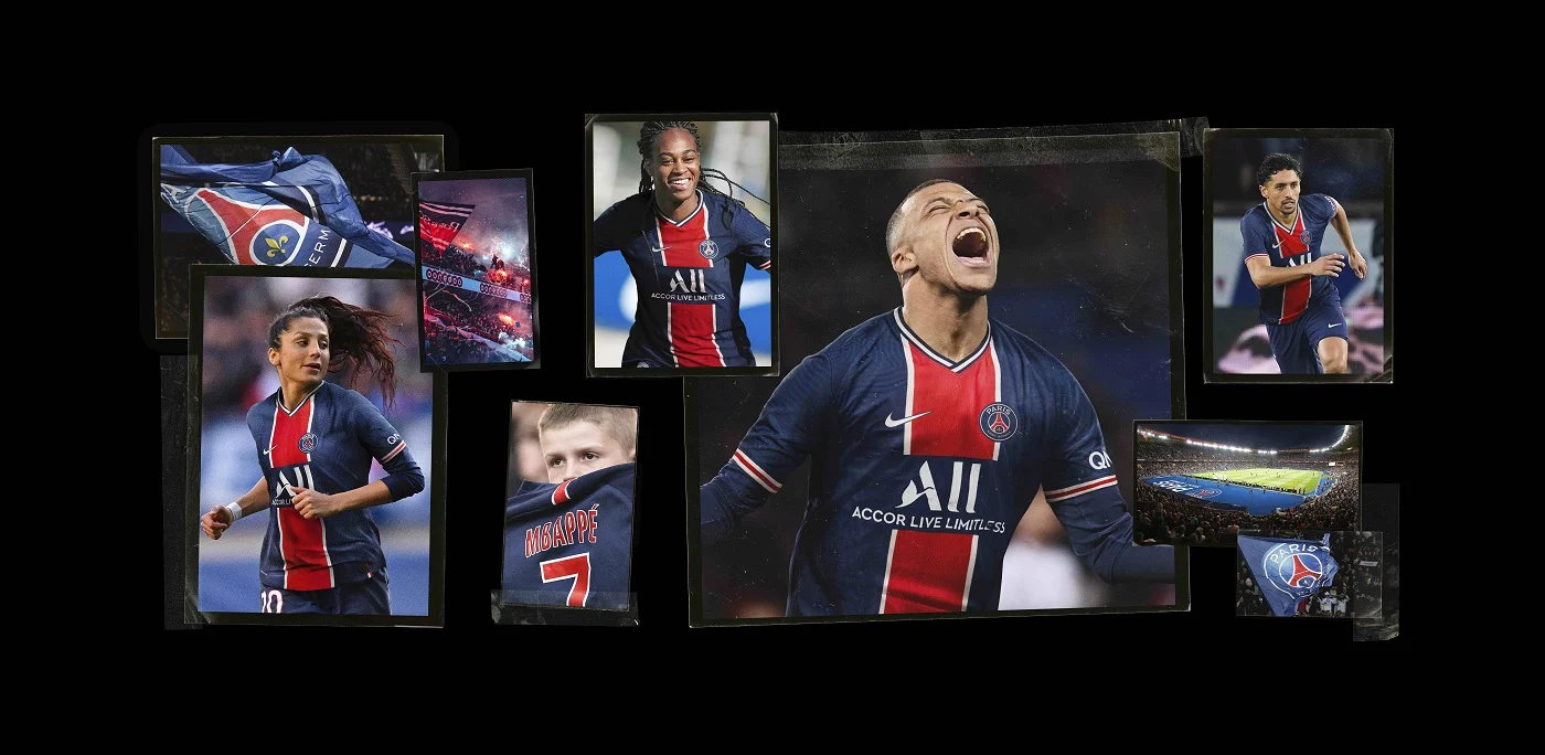 PSG’s 2020–21 anniversary kit campaign featuring the central Hechter stripe.