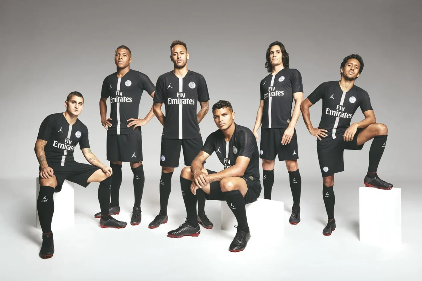 Paris Saint-Germain players wearing the black Jordan Brand kits in the 2018 launch campaign.