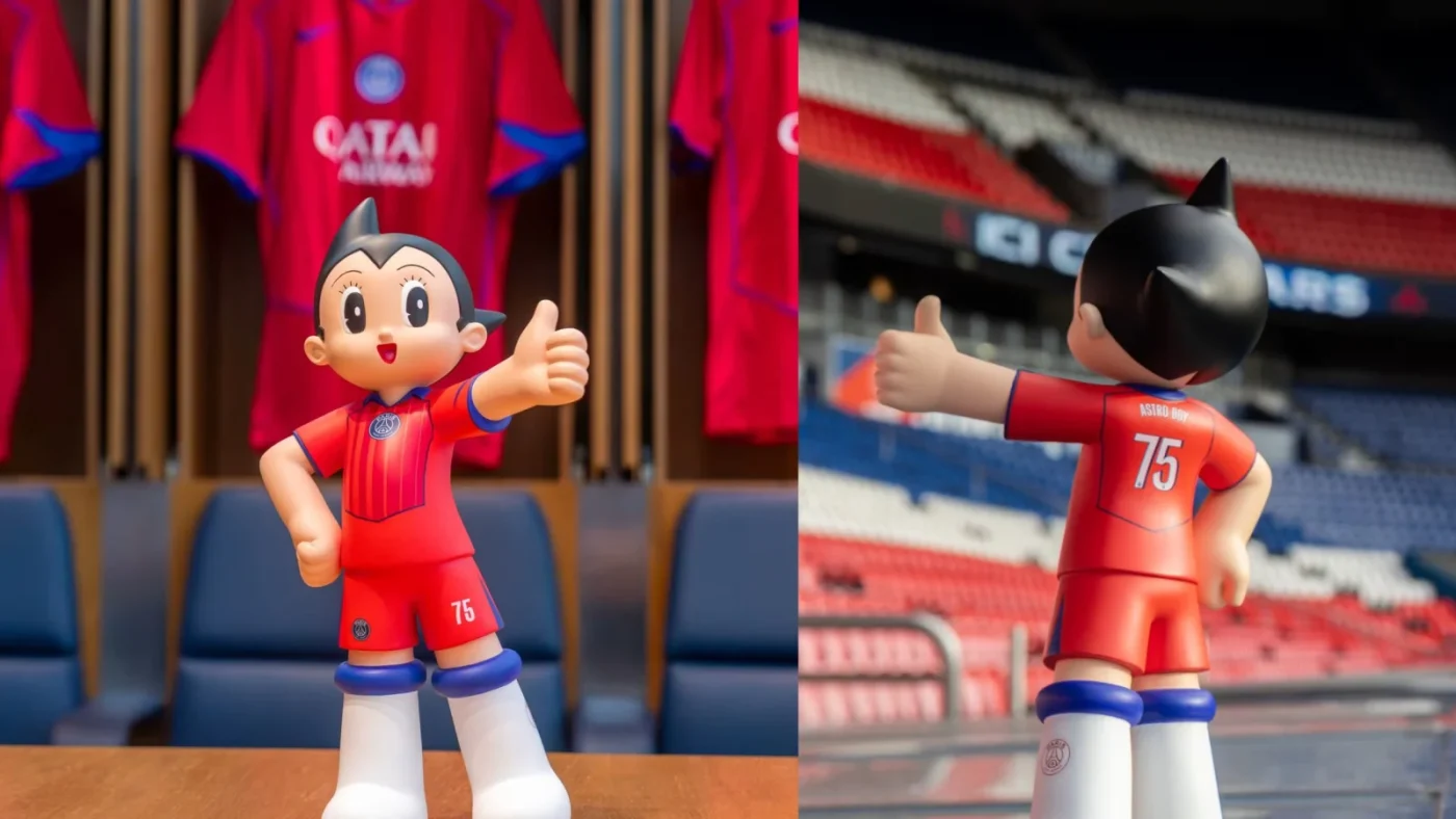Official PSG and Leblon Delienne Astro Boy sculpture collection promotional image.