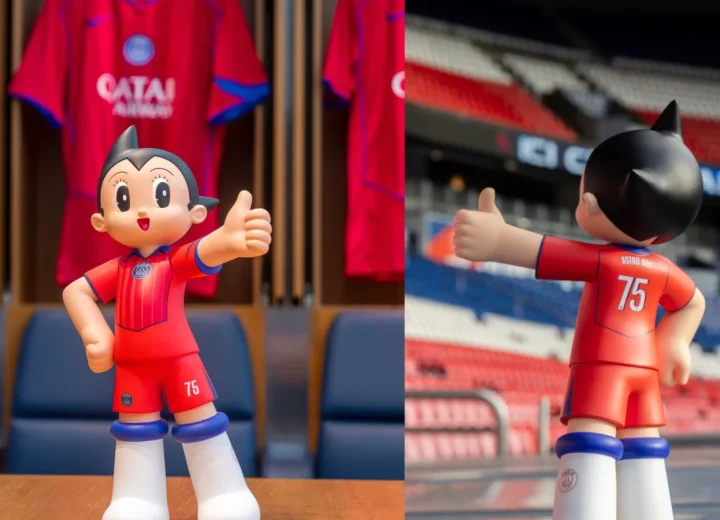 Official PSG and Leblon Delienne Astro Boy sculpture collection promotional image.