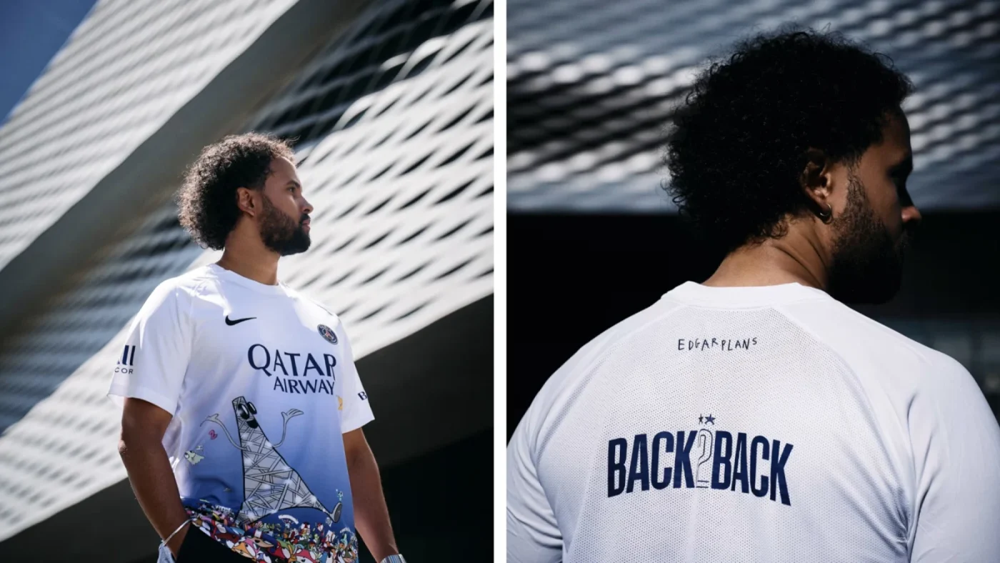 Front and back campaign views of Edgar Plans’s 2026 PSG Art Basel jersey, with Animal Heroes and BACK 2 BACK lettering
