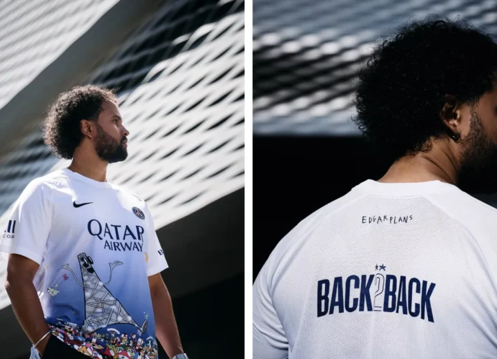 Front and back campaign views of Edgar Plans’s 2026 PSG Art Basel jersey, with Animal Heroes and BACK 2 BACK lettering