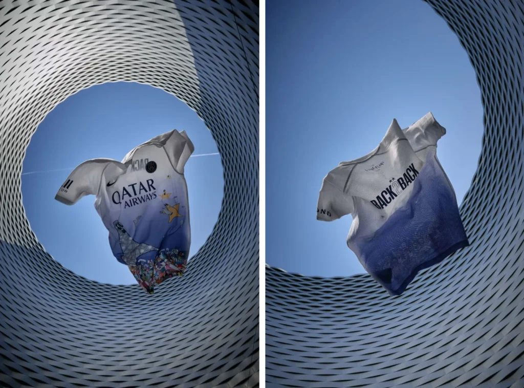 Two campaign product views of the pale PSG Art Basel jersey designed with Edgar Plans