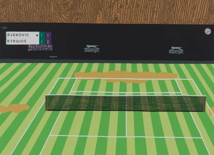 Jonas Wood’s Wimbledon with Wood Grain painting: a green tennis court, scoreboard and painted wood-grain frame.