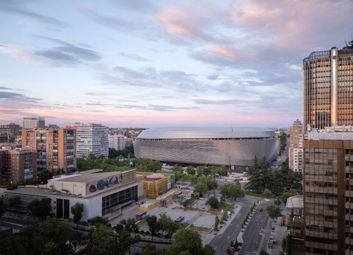 The remodelled Santiago Bernabéu stadium and its stainless-steel slat façade, photographed by Marcus Bredt.