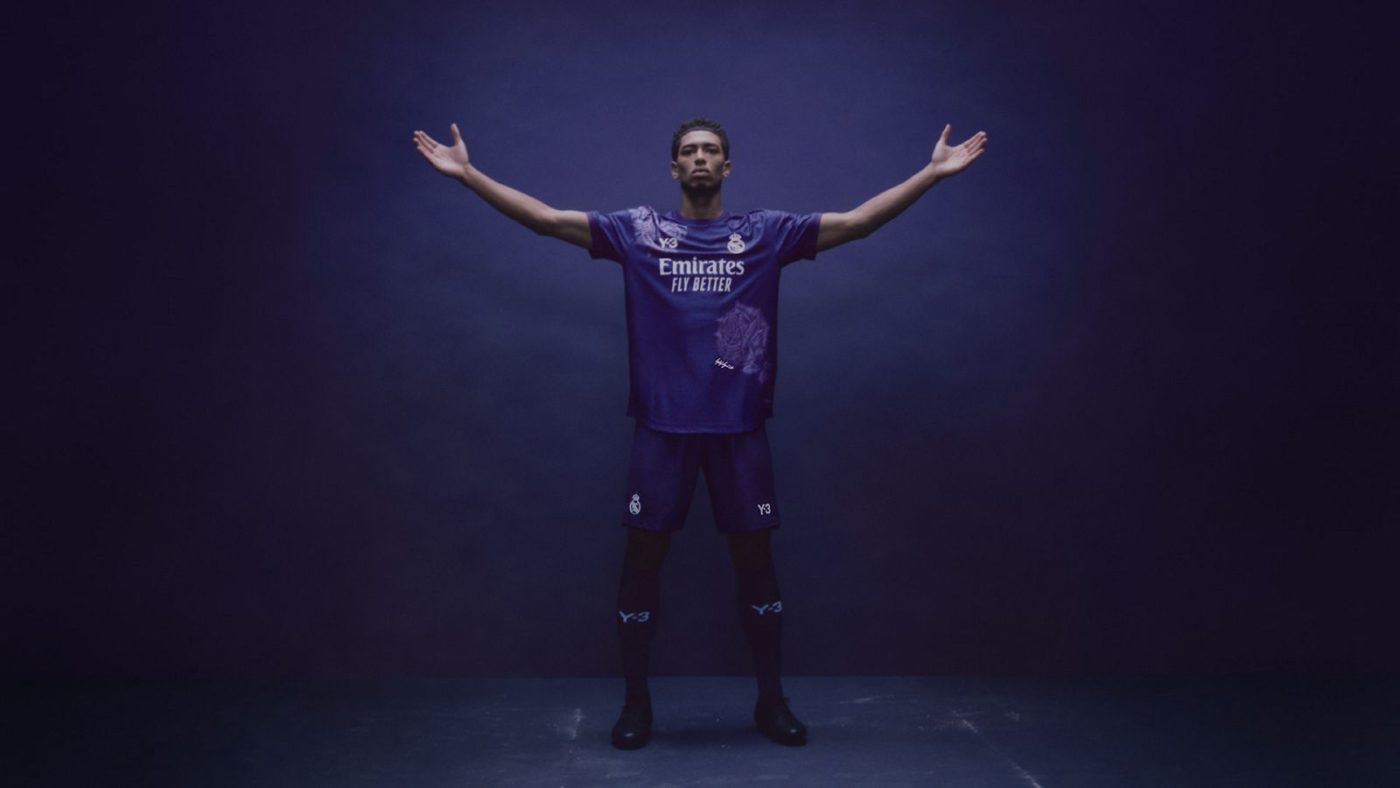 Jude Bellingham modelling Real Madrid’s purple Y-3 rose-motif matchwear in the 2024 campaign.