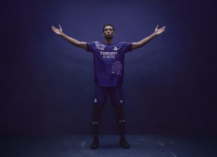 Jude Bellingham modelling Real Madrid’s purple Y-3 rose-motif matchwear in the 2024 campaign.