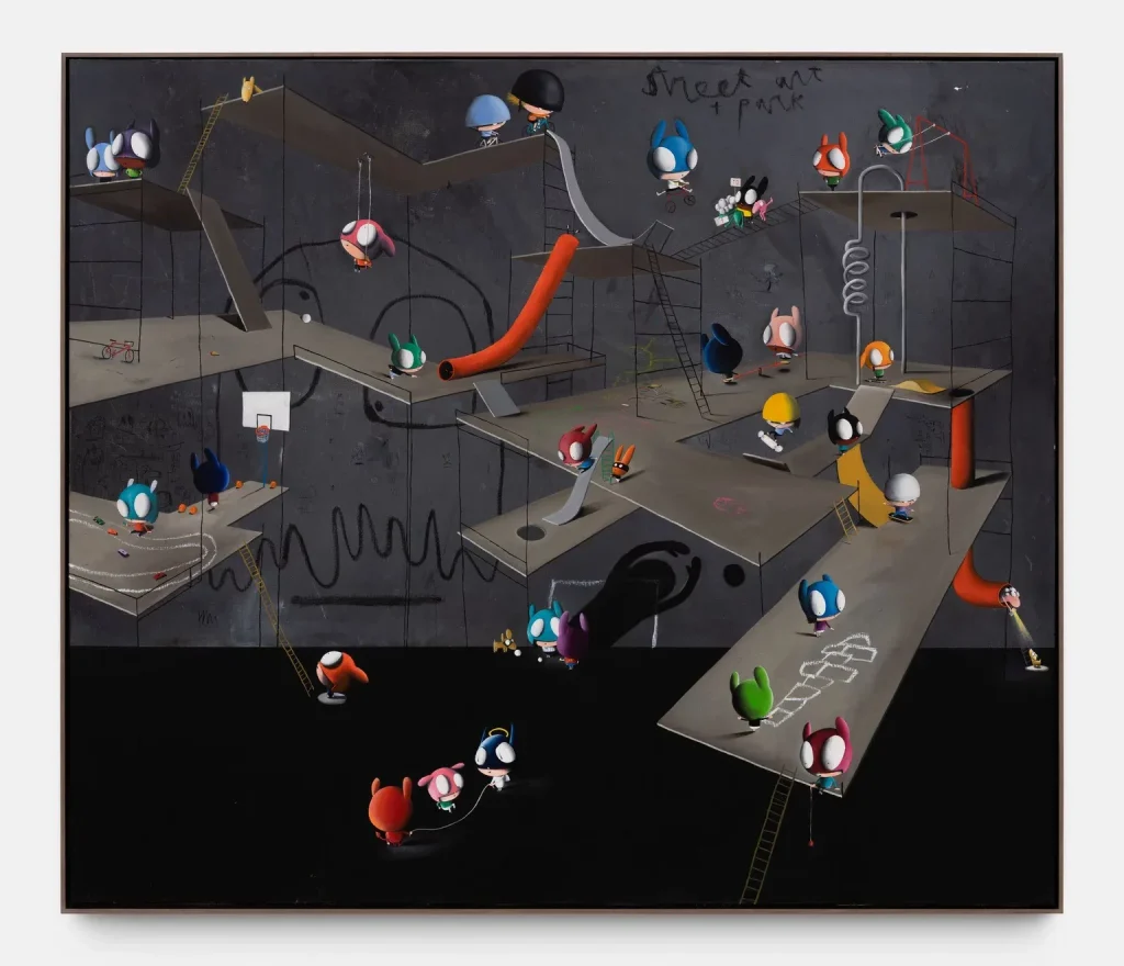 A crowded painted skate park filled with Edgar Plans’s masked Animal Heroes