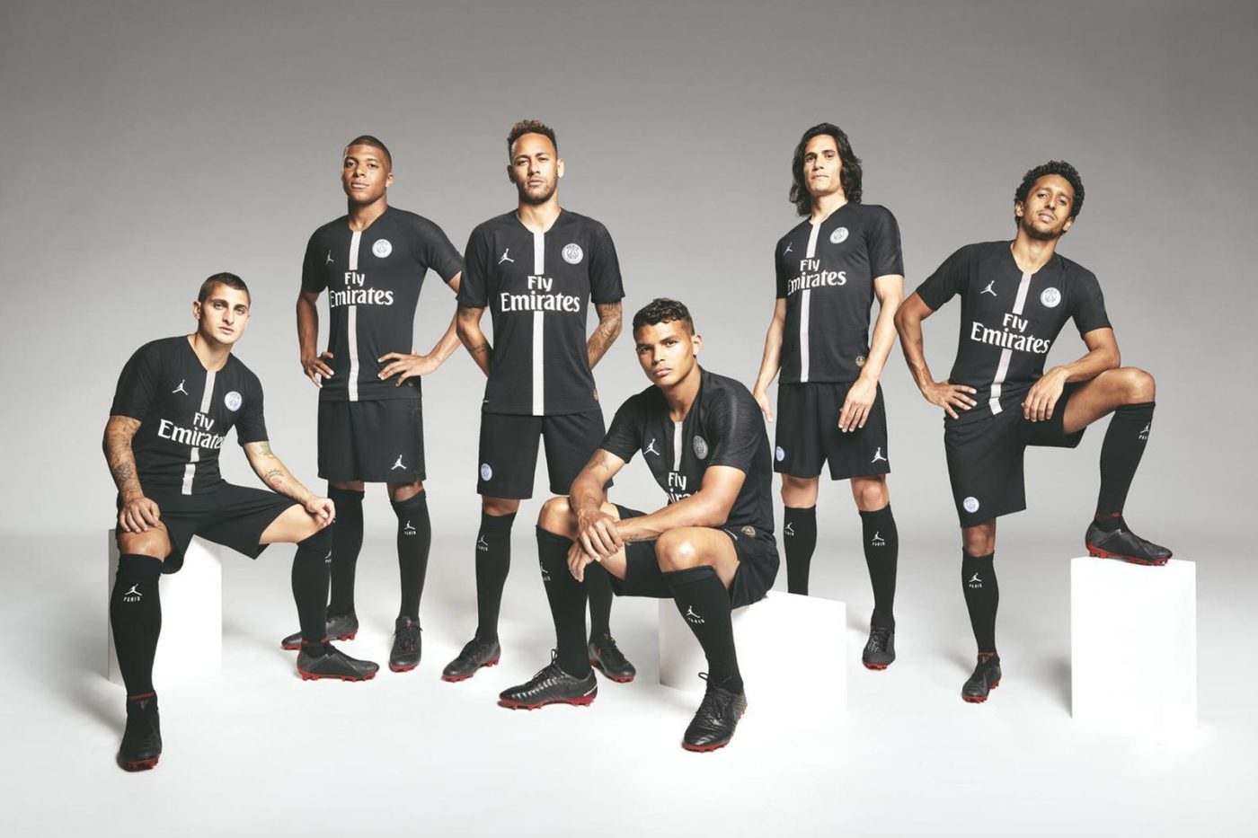 Paris Saint-Germain players wearing the black Jordan Brand kits in the 2018 launch campaign.