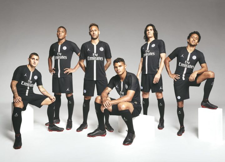 Paris Saint-Germain players wearing the black Jordan Brand kits in the 2018 launch campaign.