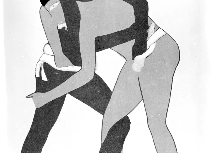 Two wrestlers in a historical reproduction of a wall painting from tomb 15 at Beni Hasan
