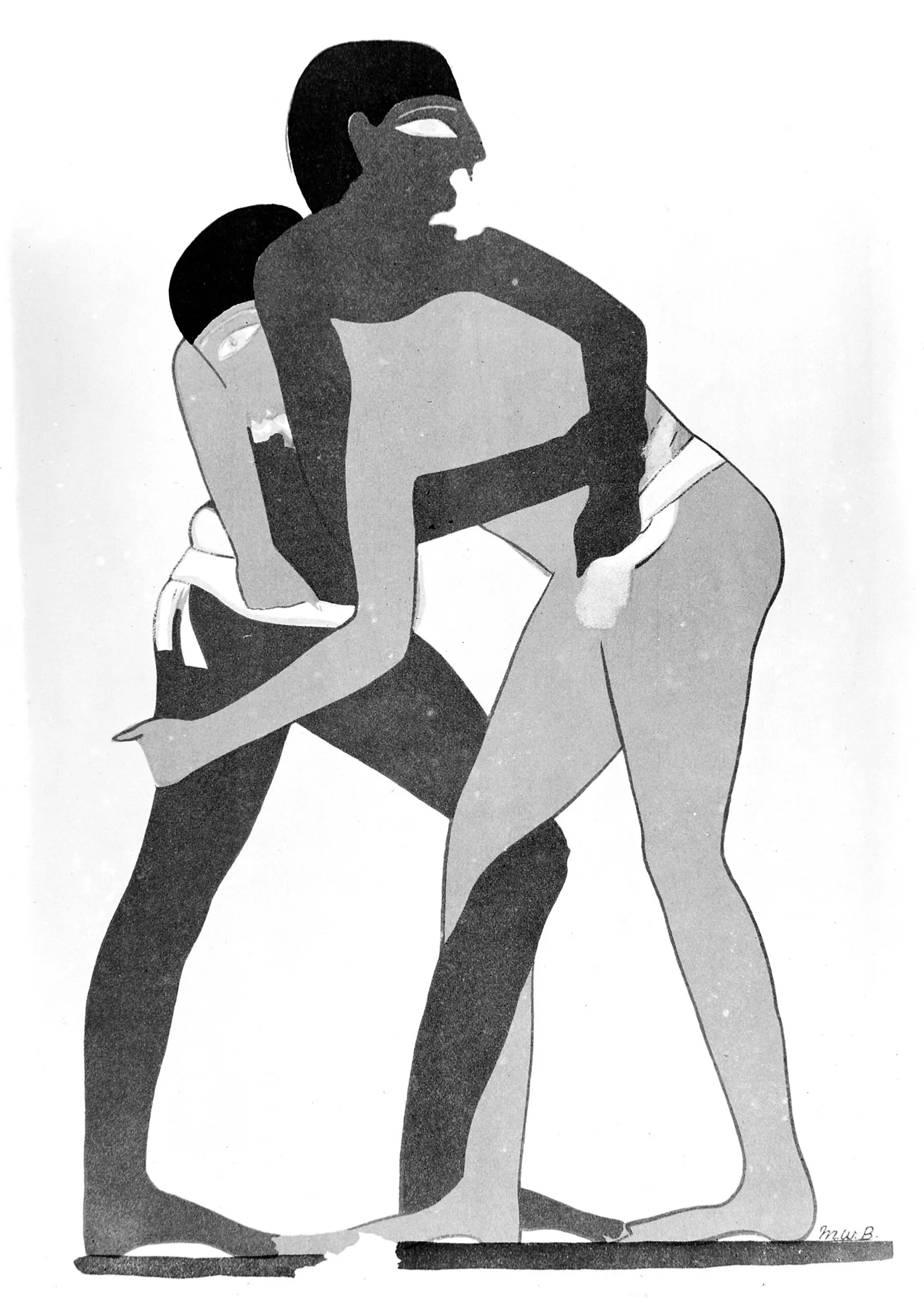 Two wrestlers in a historical reproduction of a wall painting from tomb 15 at Beni Hasan
